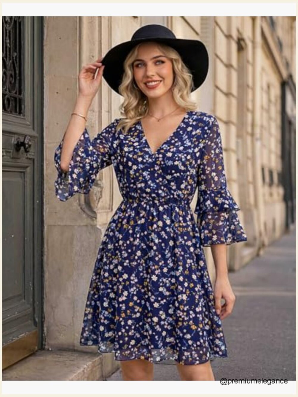 Midi Swing Dress with 3/4 Ruffle Sleeves, V-Neck, Elastic Waist, Flowy Chiffon - Picture 4 of 7